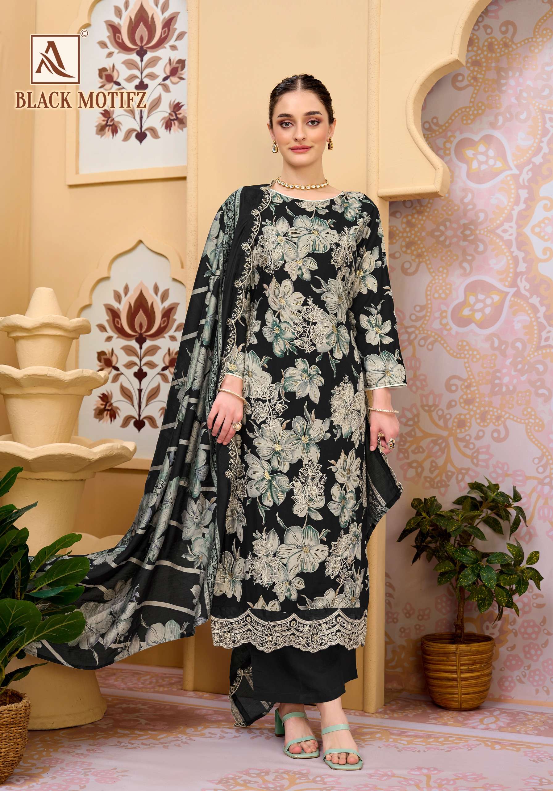ALOK SUIT BLACK MOTIFZ REYON DISCHARGE FOIL PRINT BLACK COLOR SALWAR KAMEEZ LOW RATE SUPPLIER
